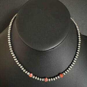 Sterling Silver 4mm Pearls Red Orange Spiny Oyster Bead Necklace. 16 inch